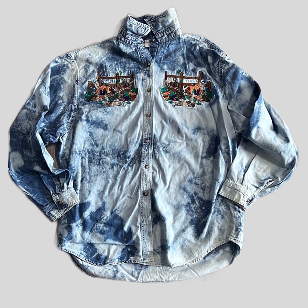 Customized OOAK Vintage Acid Washed Denim Shirt - 90’s Embroidered Fall Harvest
